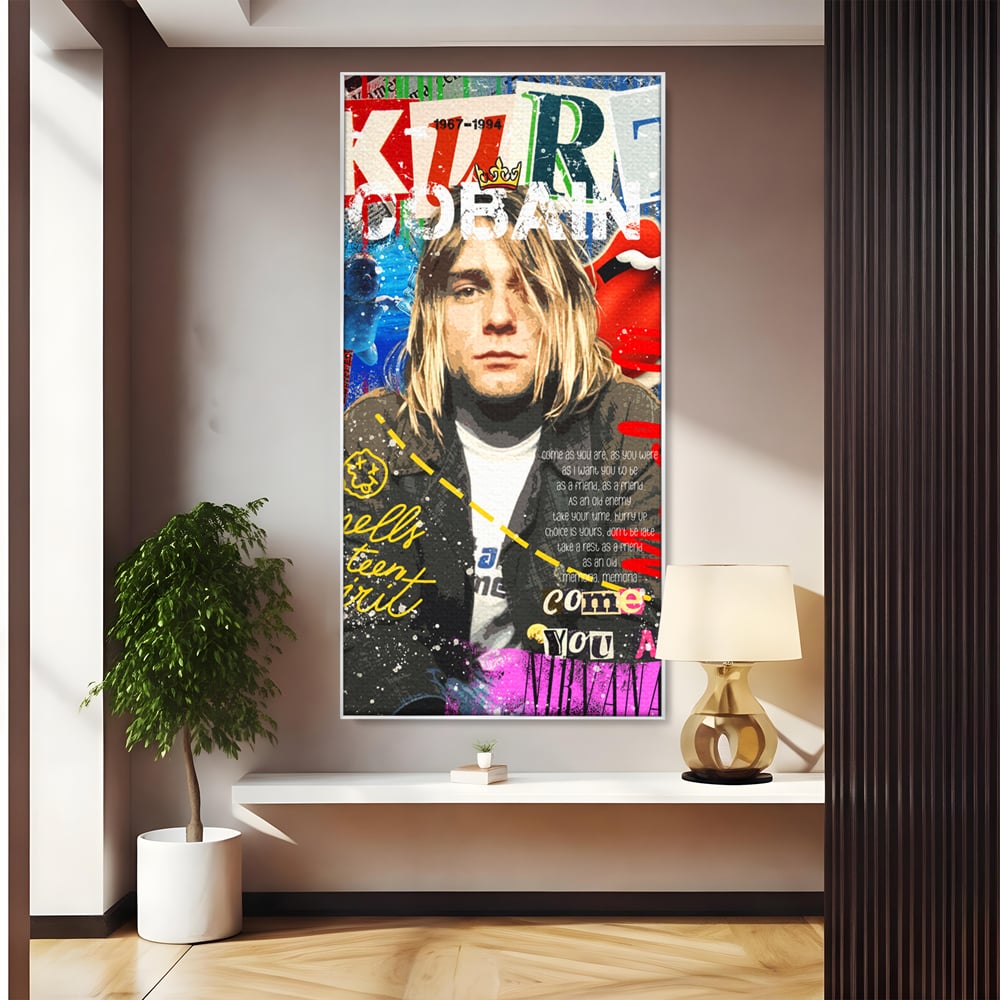 Tablou canvas cu tablou canvas cu portretul lui kurt cobain, in rama de aluminiu argintiu